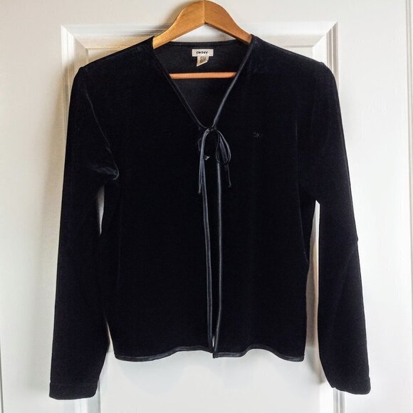 DKNY Other - DKNY Girls Black Velvet Satin Trim Tie-Front Cardigan